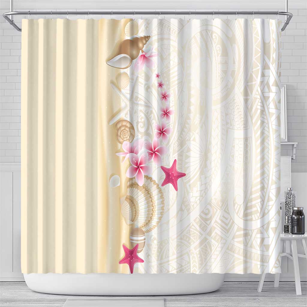 Beige Frangipani Sea Shell Shower Curtain Starfish Polynesian Pattern - Polynesian Pride