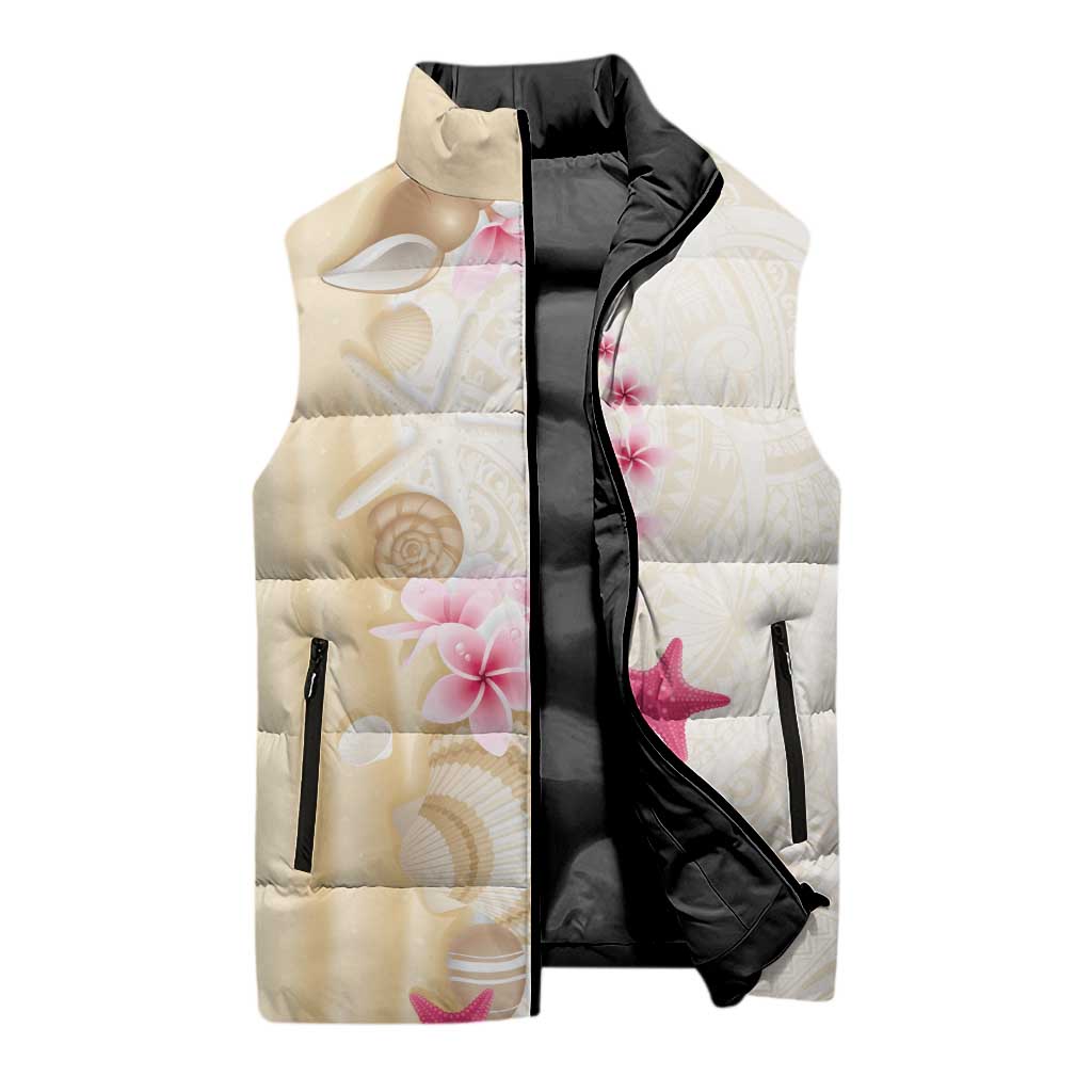 Beige Frangipani Sea Shell Sleeveless Puffer Jacket Starfish Polynesian Pattern - Polynesian Pride