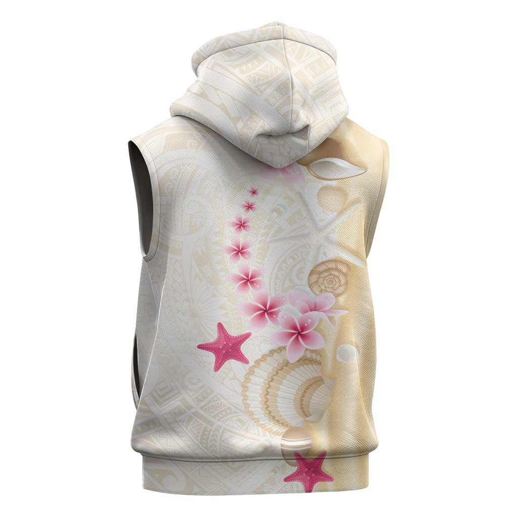 Beige Frangipani Sea Shell Sleeveless Zip Hoodie Starfish Polynesian Pattern LT01