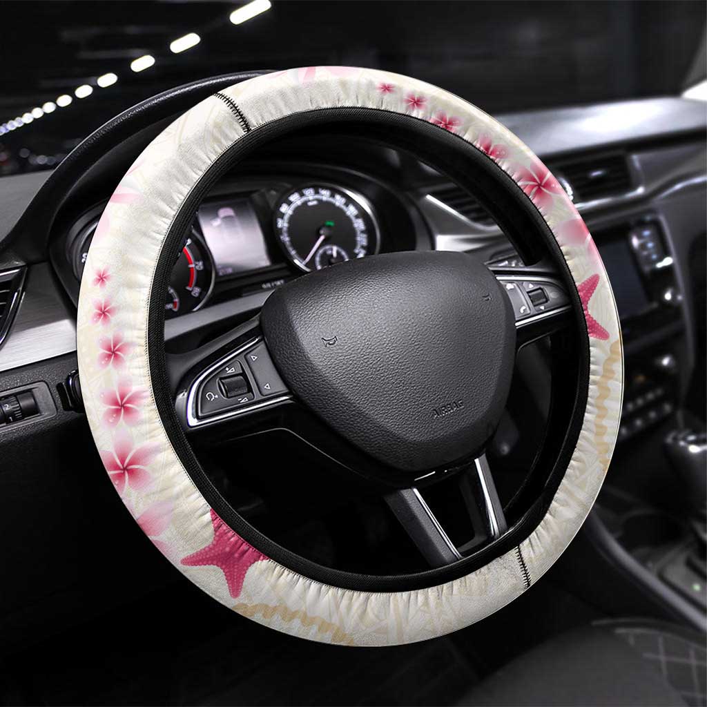 Beige Frangipani Sea Shell Steering Wheel Cover Starfish Polynesian Pattern - Polynesian Pride
