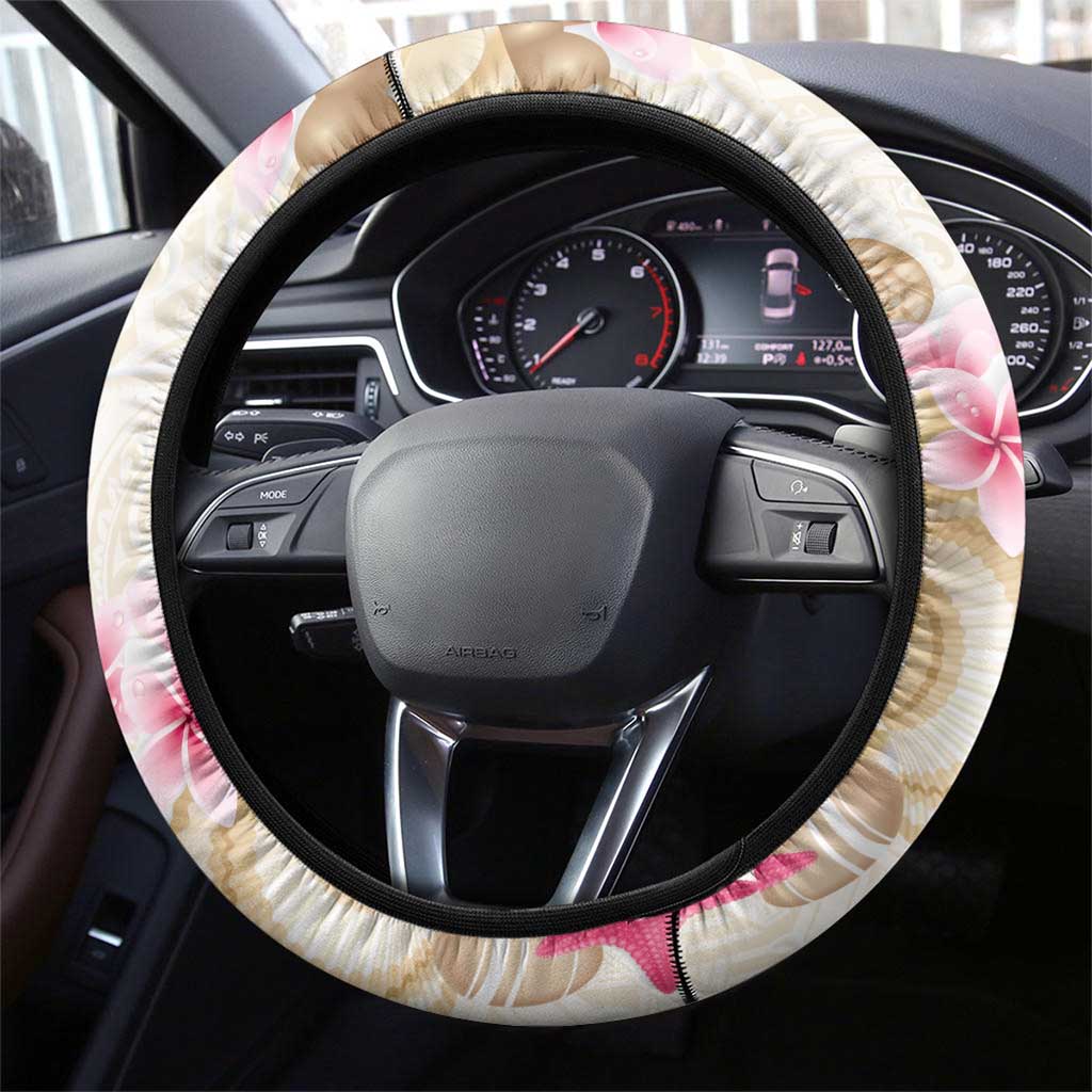 Beige Frangipani Sea Shell Steering Wheel Cover Starfish Polynesian Pattern - Polynesian Pride
