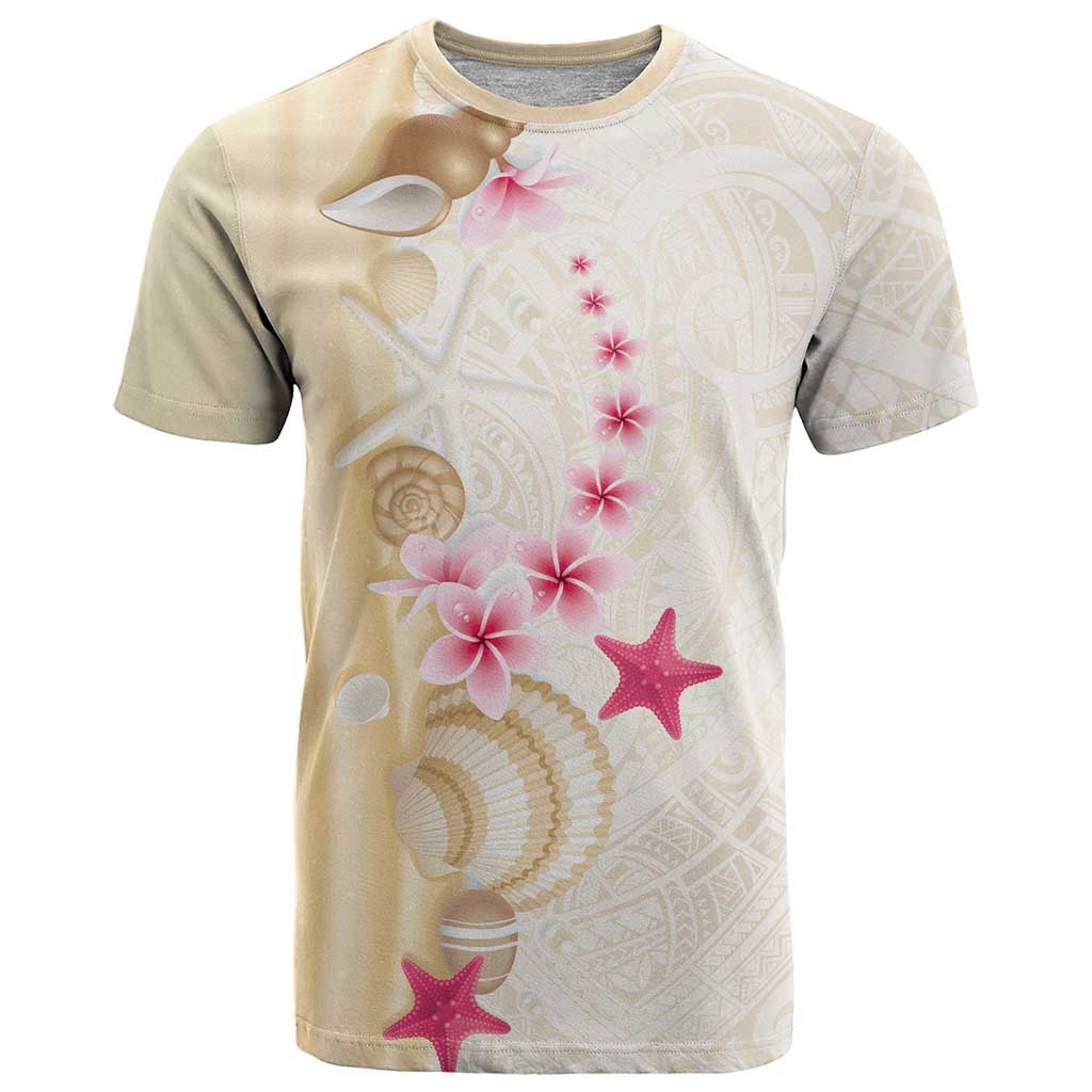 Beige Frangipani Sea Shell T Shirt Starfish Polynesian Pattern - Polynesian Pride