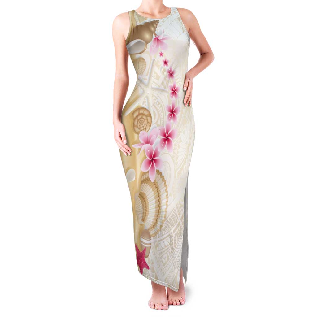 Beige Frangipani Sea Shell Tank Maxi Dress Starfish Polynesian Pattern - Polynesian Pride