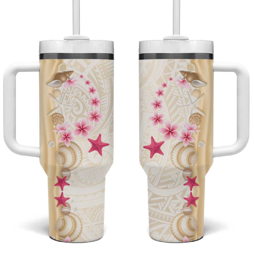 Beige Frangipani Sea Shell Tumbler With Handle Starfish Polynesian Pattern - Polynesian Pride