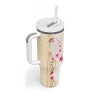 Beige Frangipani Sea Shell Tumbler With Handle Starfish Polynesian Pattern - Polynesian Pride