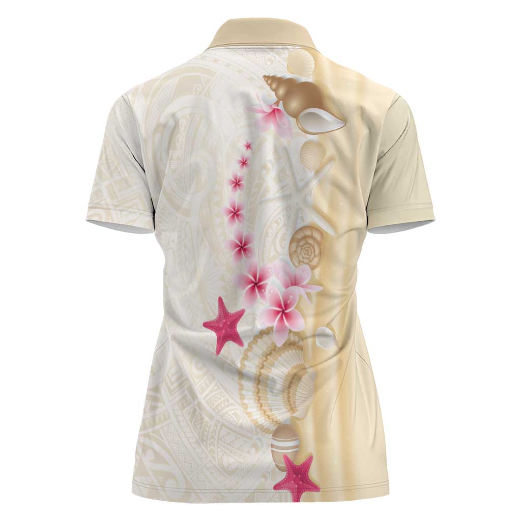 Beige Frangipani Sea Shell Women Polo Shirt Starfish Polynesian Pattern - Polynesian Pride