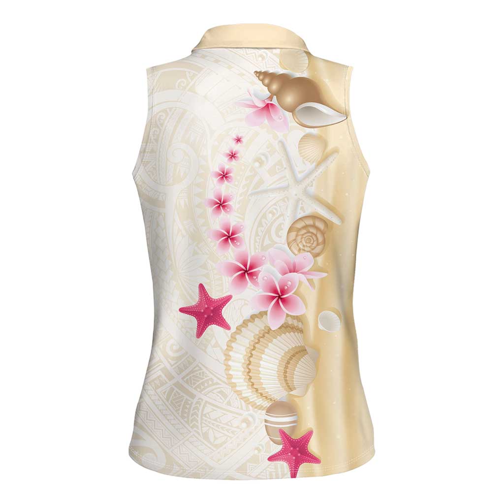 Beige Frangipani Sea Shell Women Sleeveless Polo Shirt Starfish Polynesian Pattern - Polynesian Pride