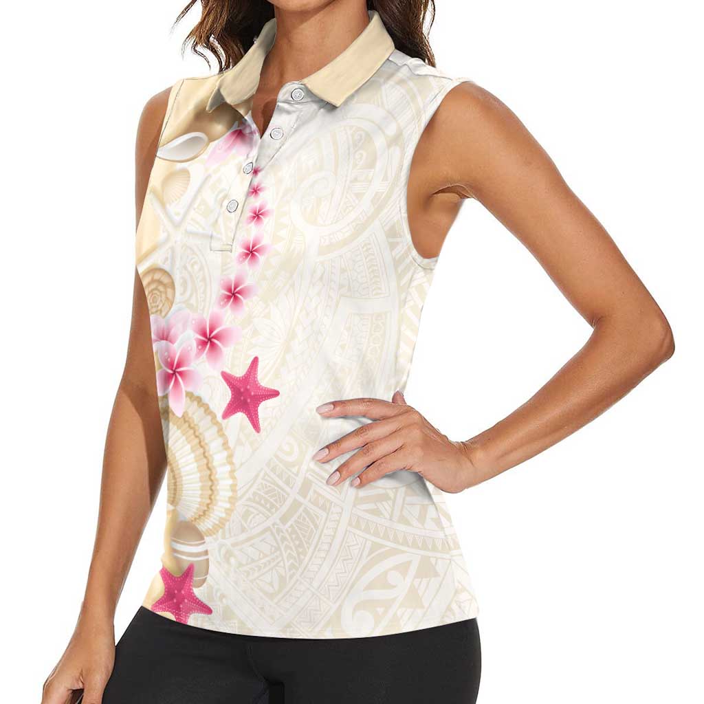 Beige Frangipani Sea Shell Women Sleeveless Polo Shirt Starfish Polynesian Pattern - Polynesian Pride