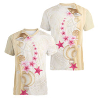 Beige Frangipani Sea Shell Women V-Neck T-Shirt Starfish Polynesian Pattern - Polynesian Pride