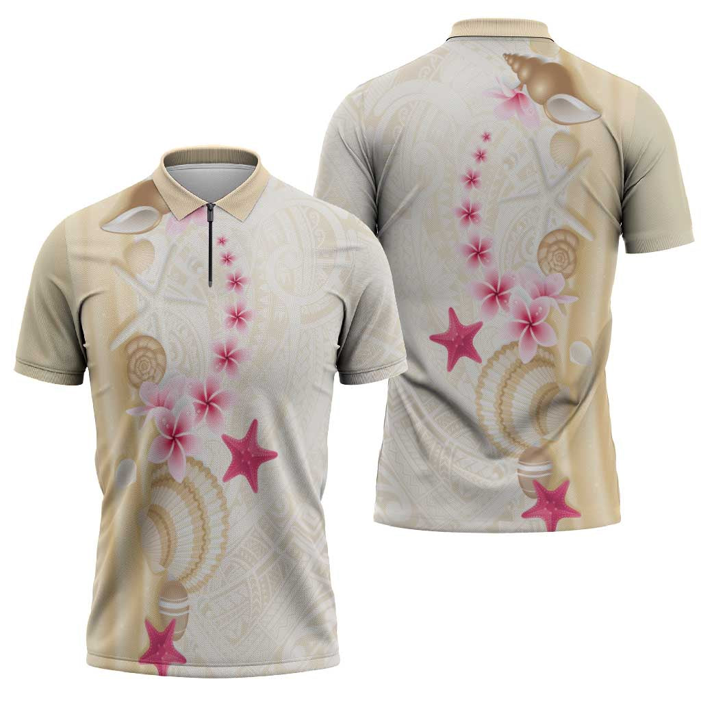 Beige Frangipani Sea Shell Zipper Polo Shirt Starfish Polynesian Pattern - Polynesian Pride