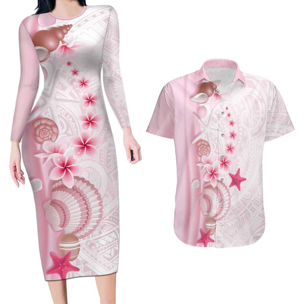 Pink Plumeria Sea Shell Couples Matching Long Sleeve Bodycon Dress and Hawaiian Shirt Starfish Polynesian Pattern - Polynesian Pride