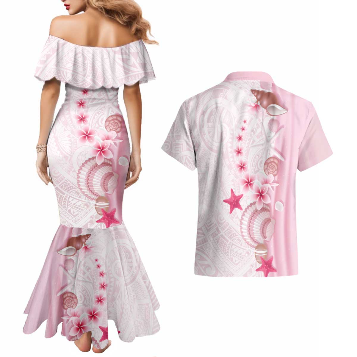 Pink Plumeria Sea Shell Couples Matching Mermaid Dress and Hawaiian Shirt Starfish Polynesian Pattern - Polynesian Pride