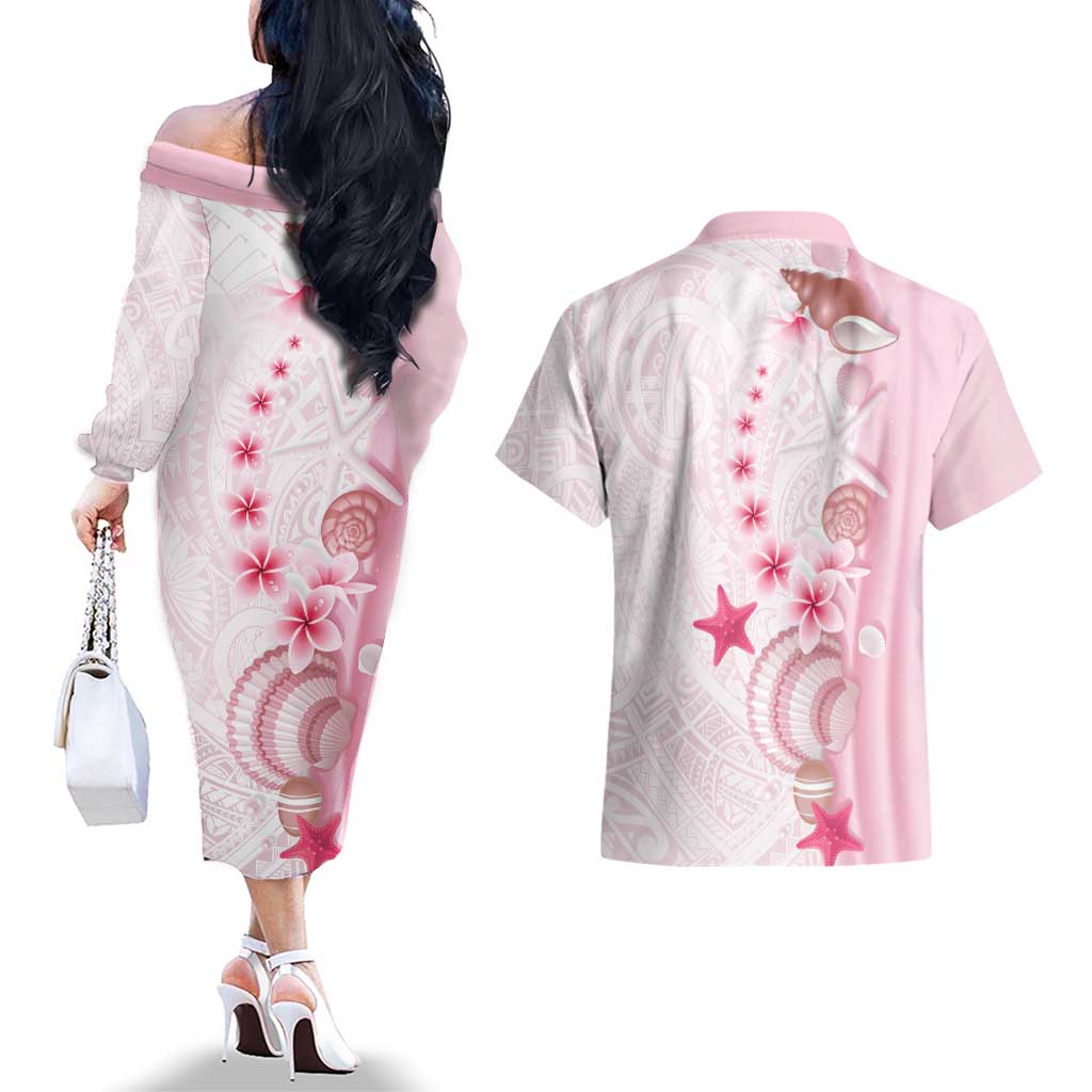 Pink Plumeria Sea Shell Couples Matching Off The Shoulder Long Sleeve Dress and Hawaiian Shirt Starfish Polynesian Pattern - Polynesian Pride