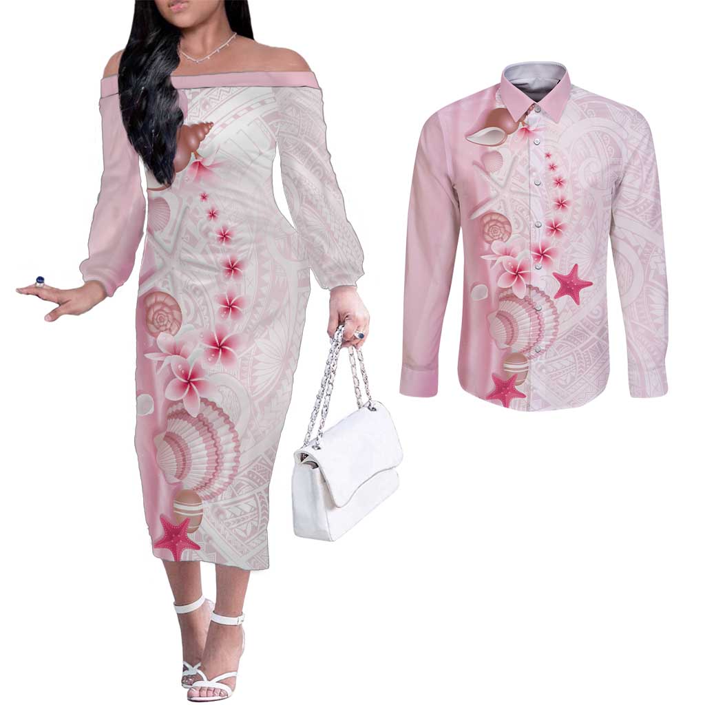 Pink Plumeria Sea Shell Couples Matching Off The Shoulder Long Sleeve Dress and Long Sleeve Button Shirt Starfish Polynesian Pattern - Polynesian Pride