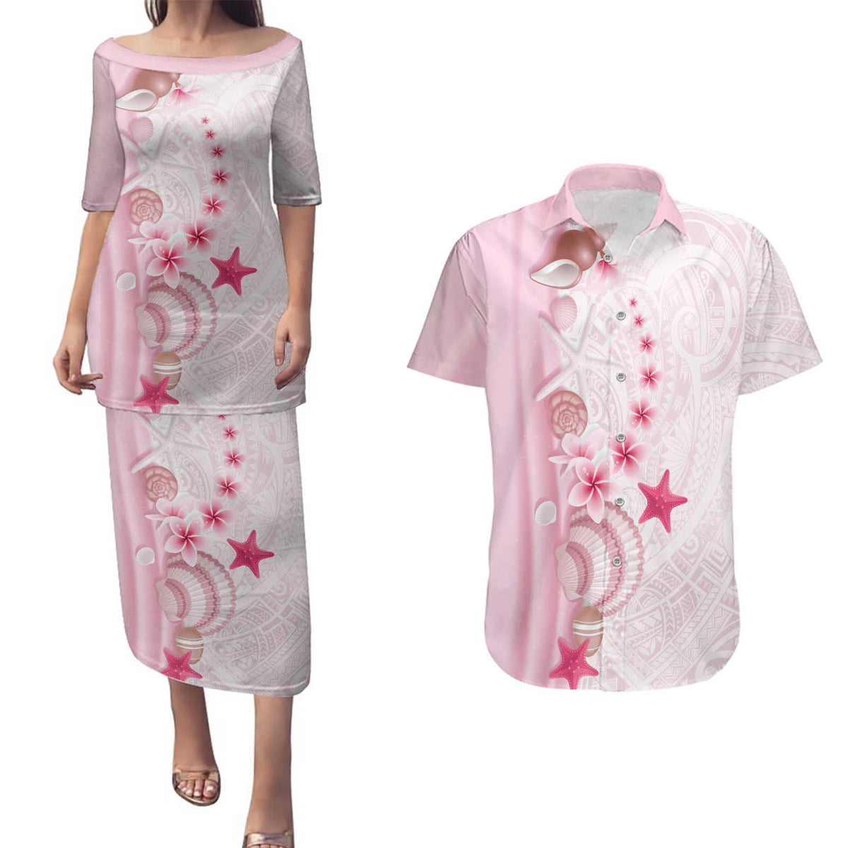 Pink Plumeria Sea Shell Couples Matching Puletasi and Hawaiian Shirt Starfish Polynesian Pattern - Polynesian Pride