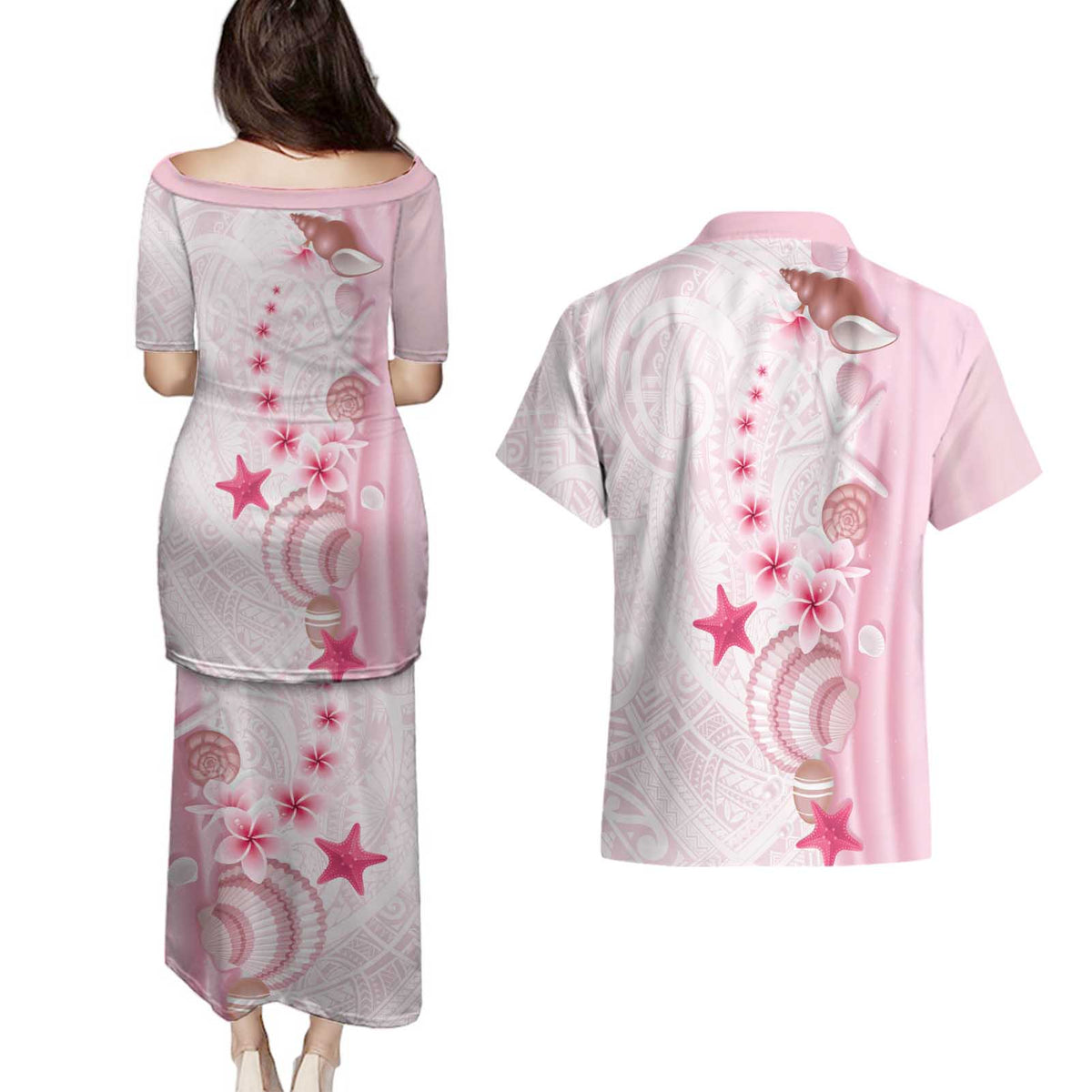 Pink Plumeria Sea Shell Couples Matching Puletasi and Hawaiian Shirt Starfish Polynesian Pattern - Polynesian Pride