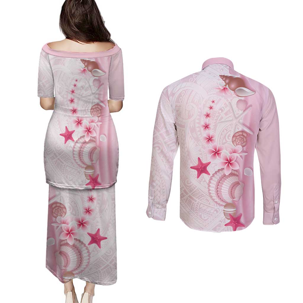 Pink Plumeria Sea Shell Couples Matching Puletasi and Long Sleeve Button Shirt Starfish Polynesian Pattern - Polynesian Pride
