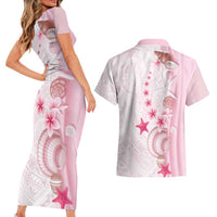 Pink Plumeria Sea Shell Couples Matching Short Sleeve Bodycon Dress and Hawaiian Shirt Starfish Polynesian Pattern - Polynesian Pride