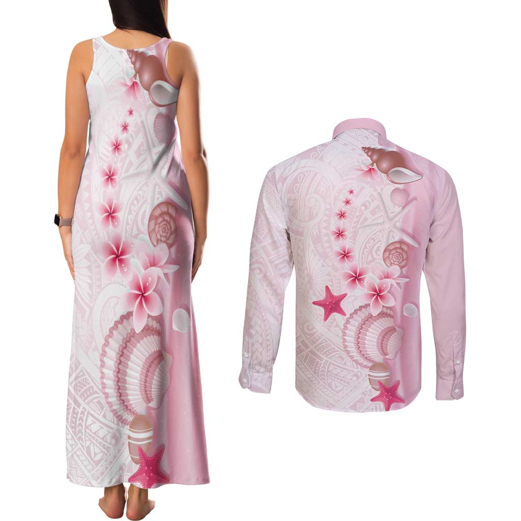 Pink Plumeria Sea Shell Couples Matching Tank Maxi Dress and Long Sleeve Button Shirt Starfish Polynesian Pattern - Polynesian Pride