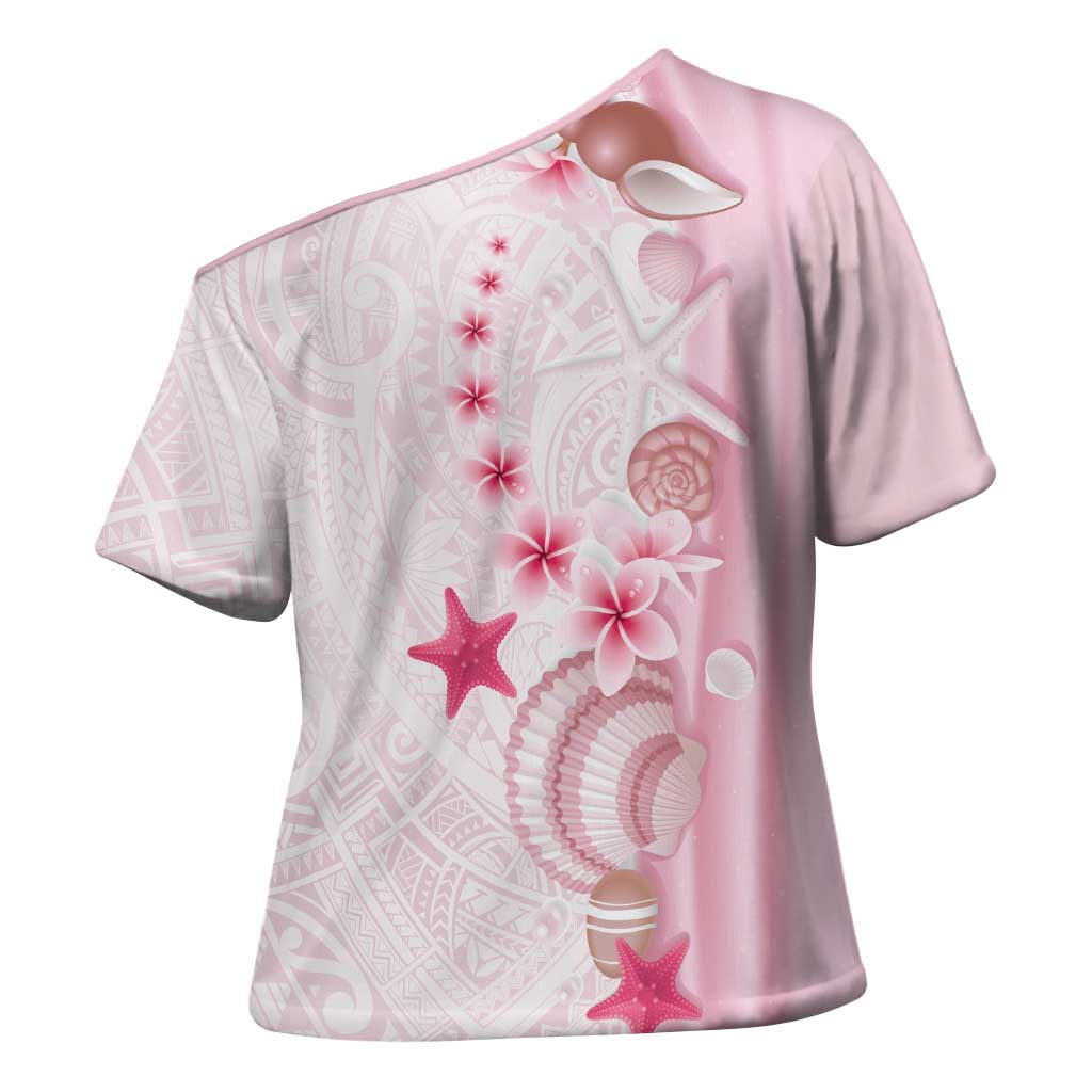 Pink Plumeria Sea Shell Cross Shoulder Shirt Starfish Polynesian Pattern - Polynesian Pride