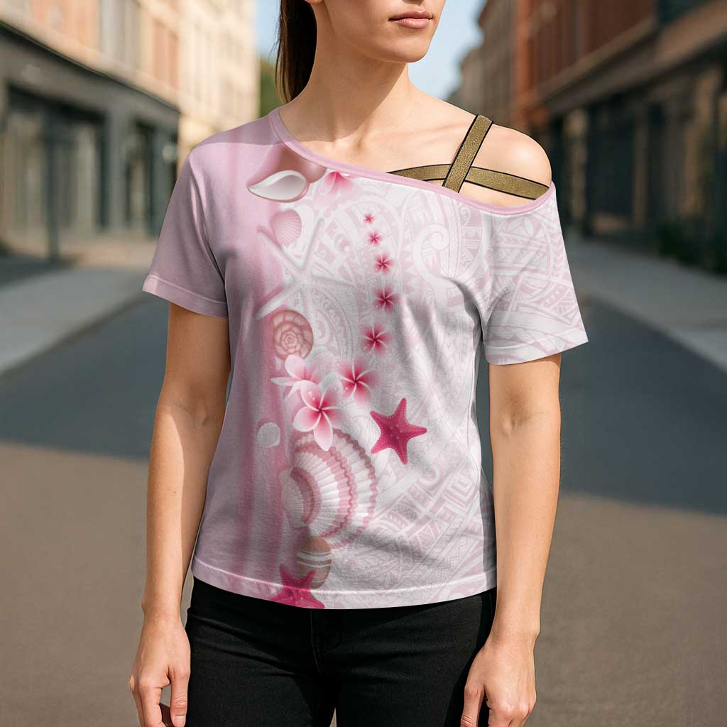 Pink Plumeria Sea Shell Cross Shoulder Shirt Starfish Polynesian Pattern - Polynesian Pride