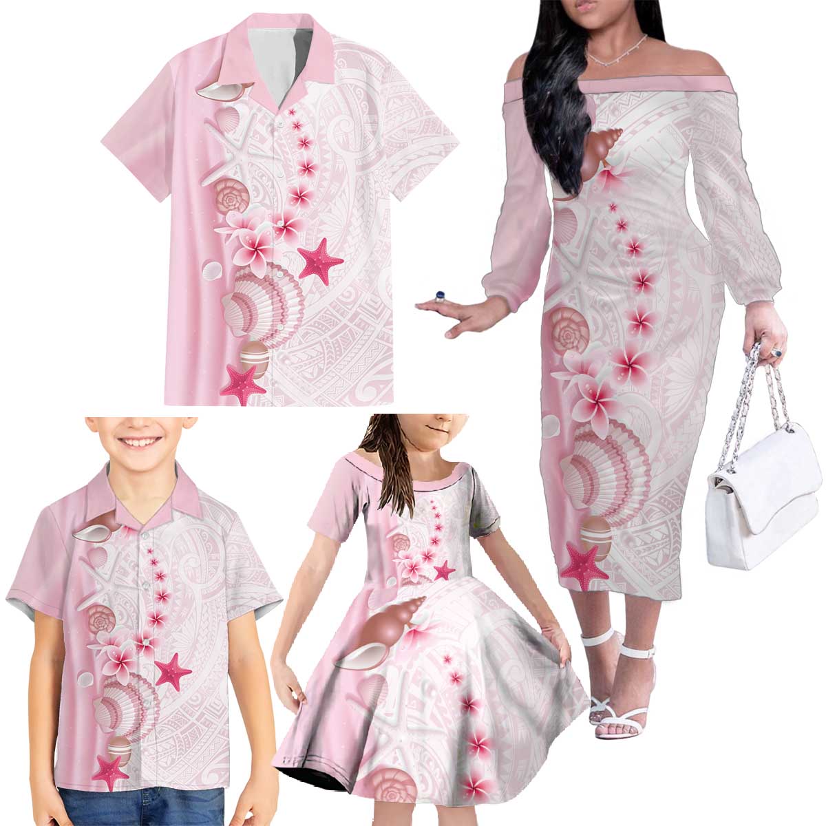 Pink Plumeria Sea Shell Family Matching Off The Shoulder Long Sleeve Dress and Hawaiian Shirt Starfish Polynesian Pattern - Polynesian Pride