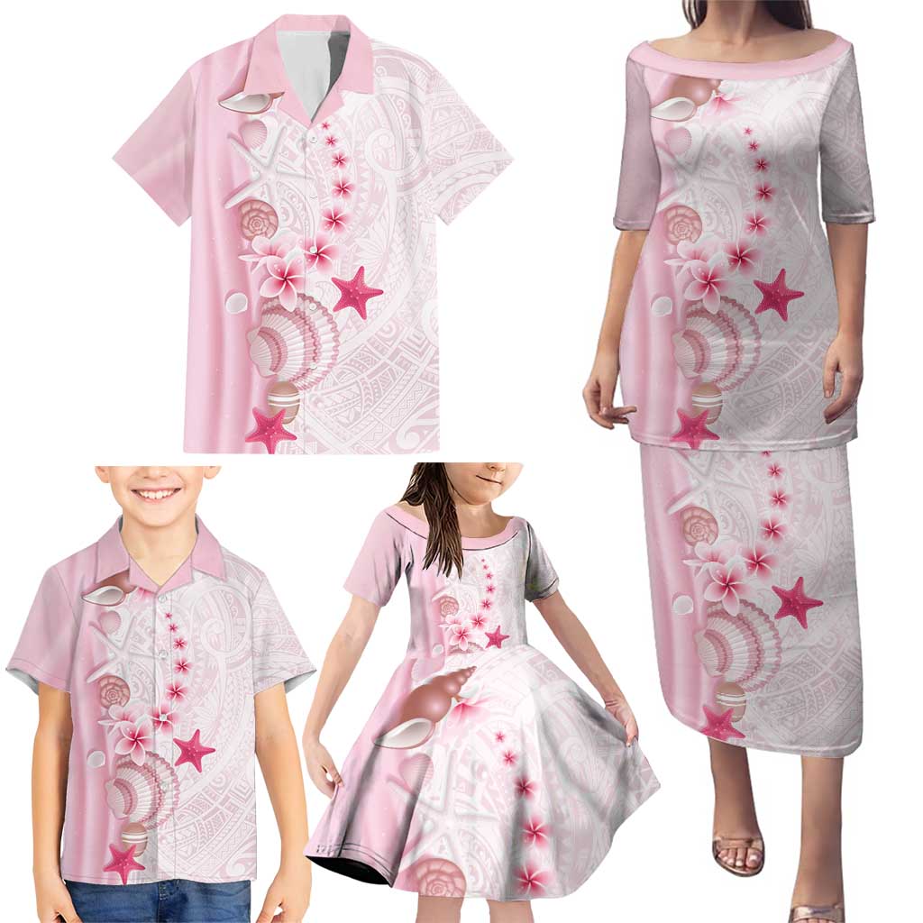 Pink Plumeria Sea Shell Family Matching Puletasi and Hawaiian Shirt Starfish Polynesian Pattern - Polynesian Pride