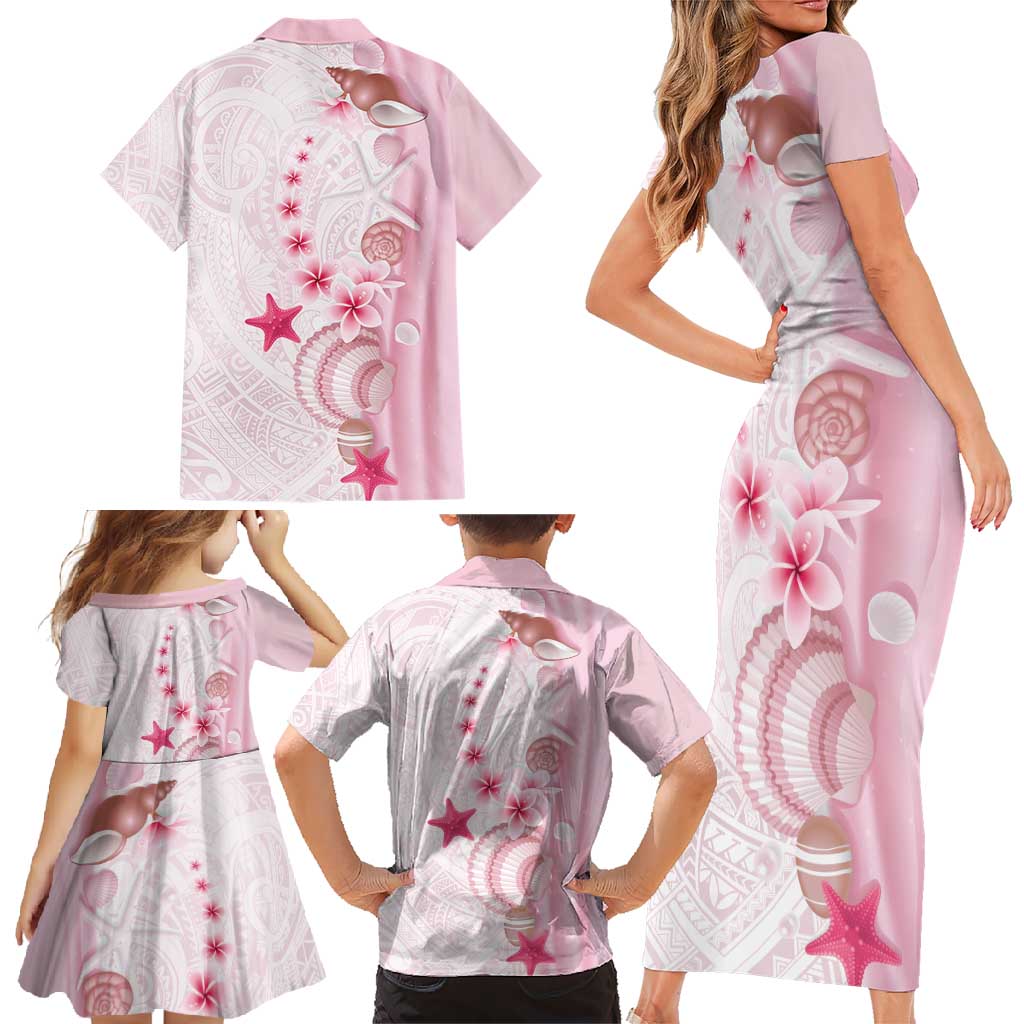 Pink Plumeria Sea Shell Family Matching Short Sleeve Bodycon Dress and Hawaiian Shirt Starfish Polynesian Pattern - Polynesian Pride