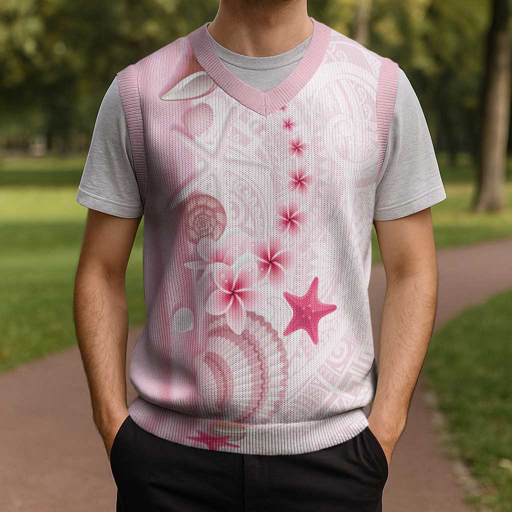 Pink Plumeria Sea Shell Christmas Knitted V-Neck Vest Starfish Polynesian Pattern - Polynesian Pride