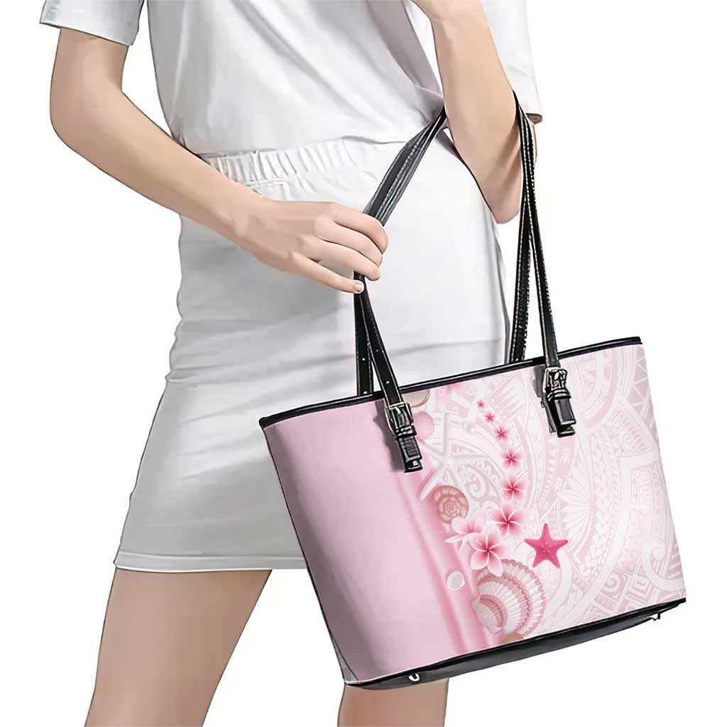 Pink Plumeria Sea Shell Leather Tote Bag Starfish Polynesian Pattern - Polynesian Pride