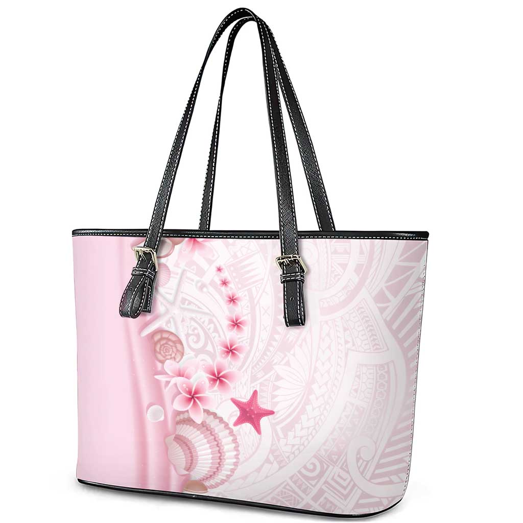 Pink Plumeria Sea Shell Leather Tote Bag Starfish Polynesian Pattern - Polynesian Pride