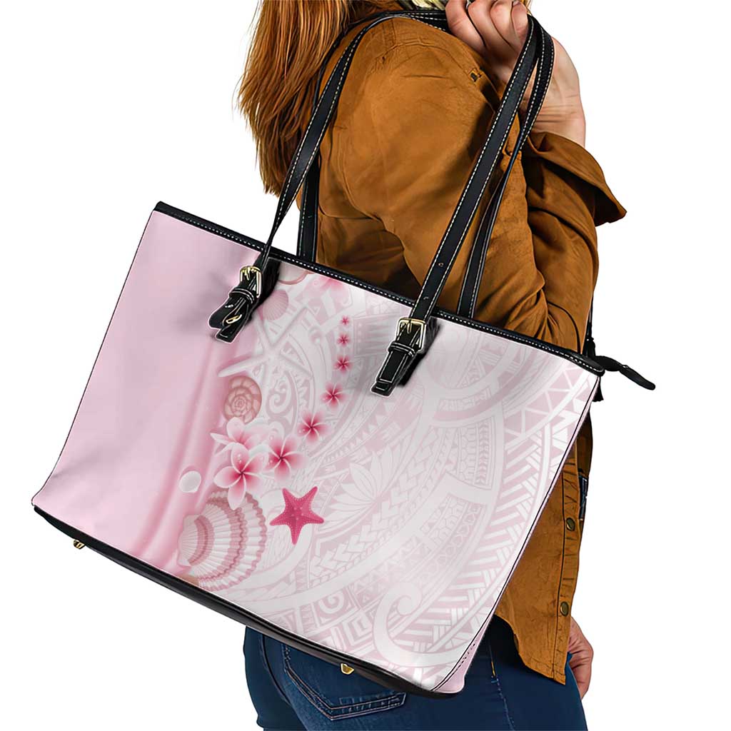 Pink Plumeria Sea Shell Leather Tote Bag Starfish Polynesian Pattern - Polynesian Pride