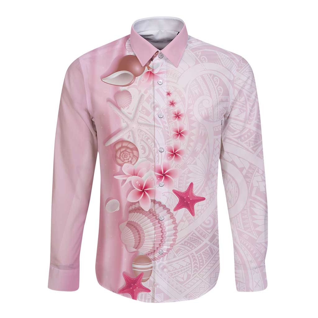 Pink Plumeria Sea Shell Long Sleeve Button Shirt Starfish Polynesian Pattern - Polynesian Pride