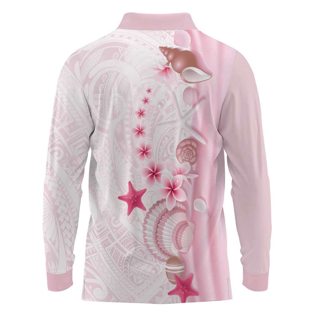 Pink Plumeria Sea Shell Long Sleeve Polo Shirt Starfish Polynesian Pattern - Polynesian Pride