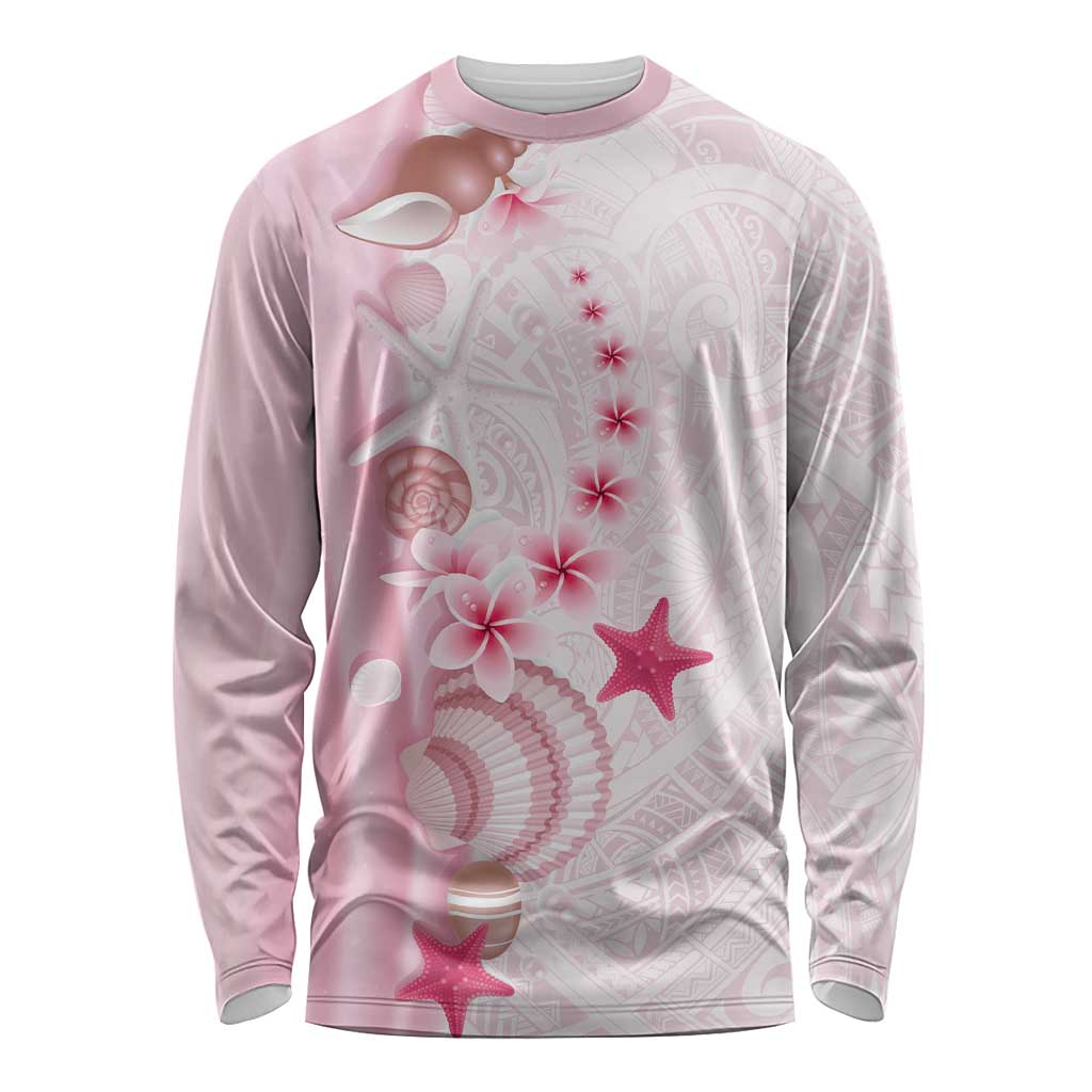 Pink Plumeria Sea Shell Long Sleeve Shirt Starfish Polynesian Pattern - Polynesian Pride