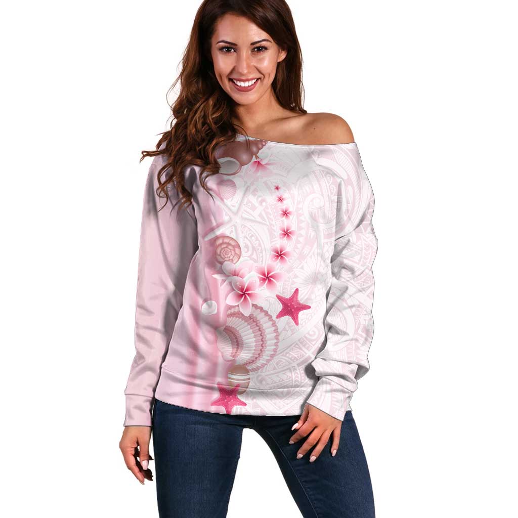 Pink Plumeria Sea Shell Off Shoulder Sweater Starfish Polynesian Pattern - Polynesian Pride
