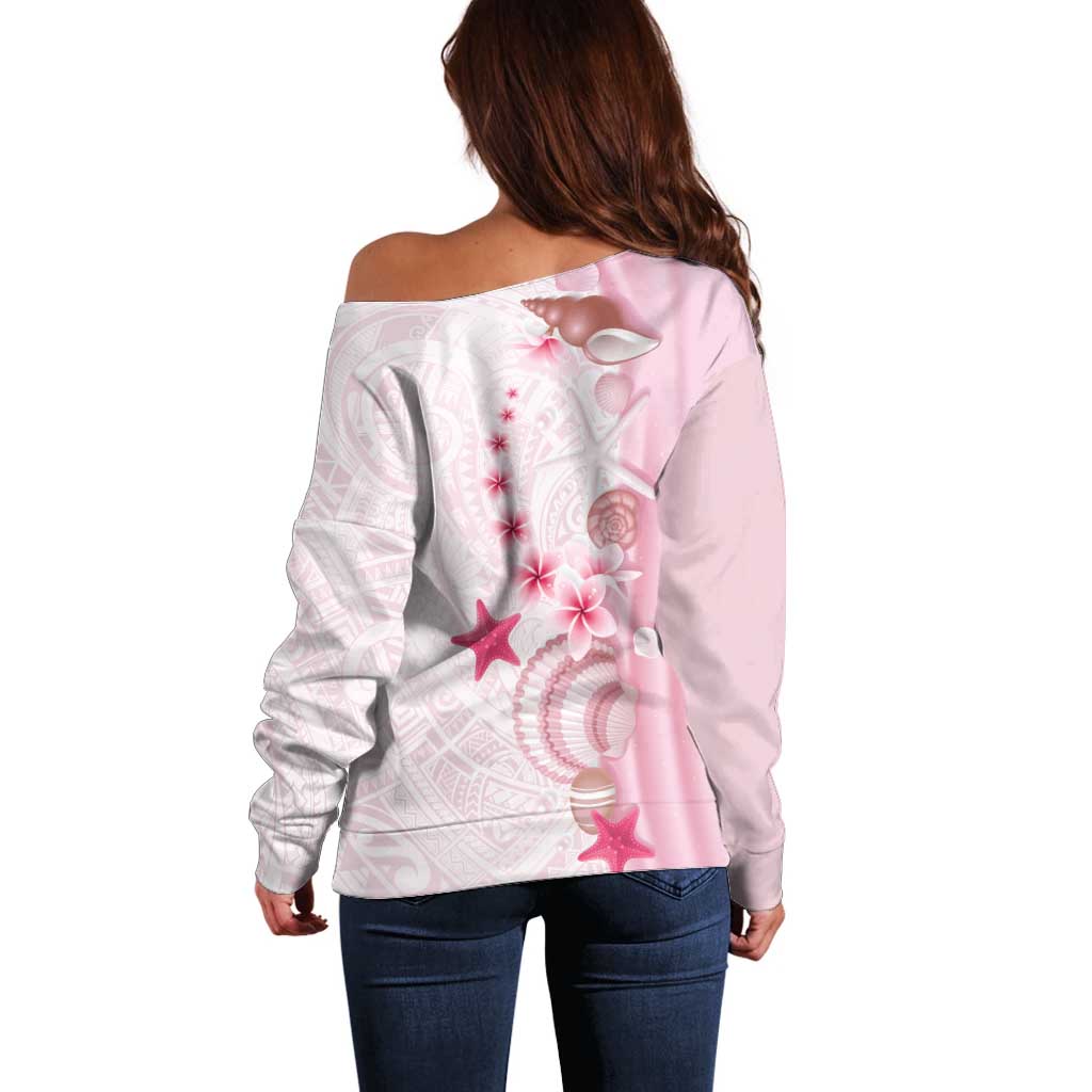 Pink Plumeria Sea Shell Off Shoulder Sweater Starfish Polynesian Pattern - Polynesian Pride