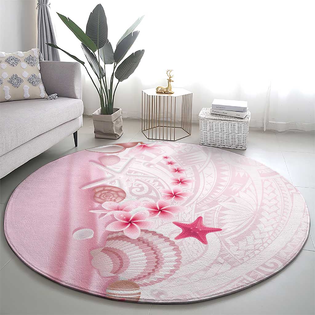 Pink Plumeria Sea Shell Round Carpet Starfish Polynesian Pattern - Polynesian Pride
