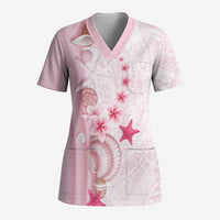 Pink Plumeria Sea Shell Scrub Top Starfish Polynesian Pattern - Polynesian Pride