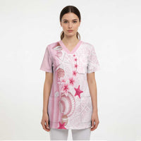 Pink Plumeria Sea Shell Scrub Top Starfish Polynesian Pattern - Polynesian Pride