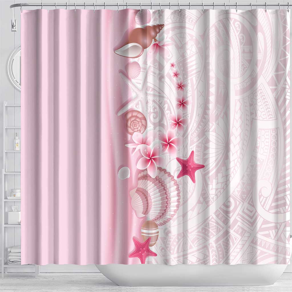 Pink Plumeria Sea Shell Shower Curtain Starfish Polynesian Pattern - Polynesian Pride