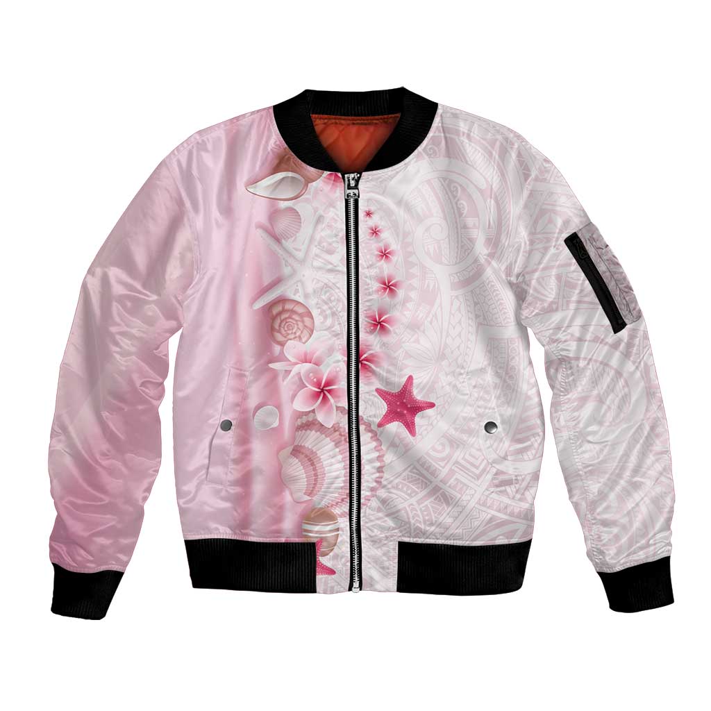 Pink Plumeria Sea Shell Sleeve Zip Bomber Jacket Starfish Polynesian Pattern - Polynesian Pride