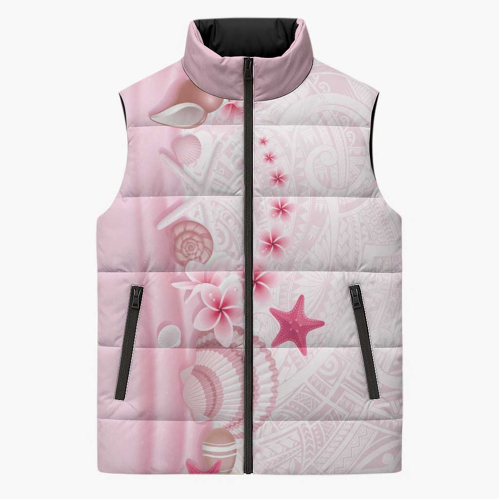 Pink Plumeria Sea Shell Sleeveless Puffer Jacket Starfish Polynesian Pattern - Polynesian Pride