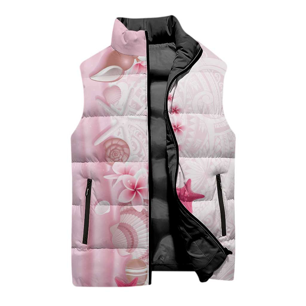 Pink Plumeria Sea Shell Sleeveless Puffer Jacket Starfish Polynesian Pattern - Polynesian Pride
