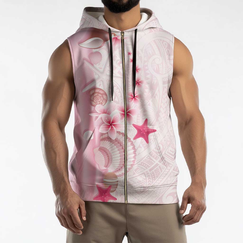 Pink Plumeria Sea Shell Sleeveless Zip Hoodie Starfish Polynesian Pattern - Polynesian Pride