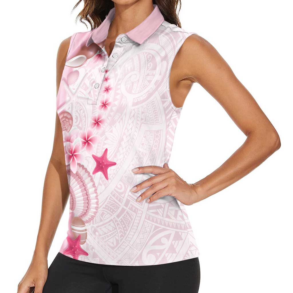 Pink Plumeria Sea Shell Women Sleeveless Polo Shirt Starfish Polynesian Pattern - Polynesian Pride