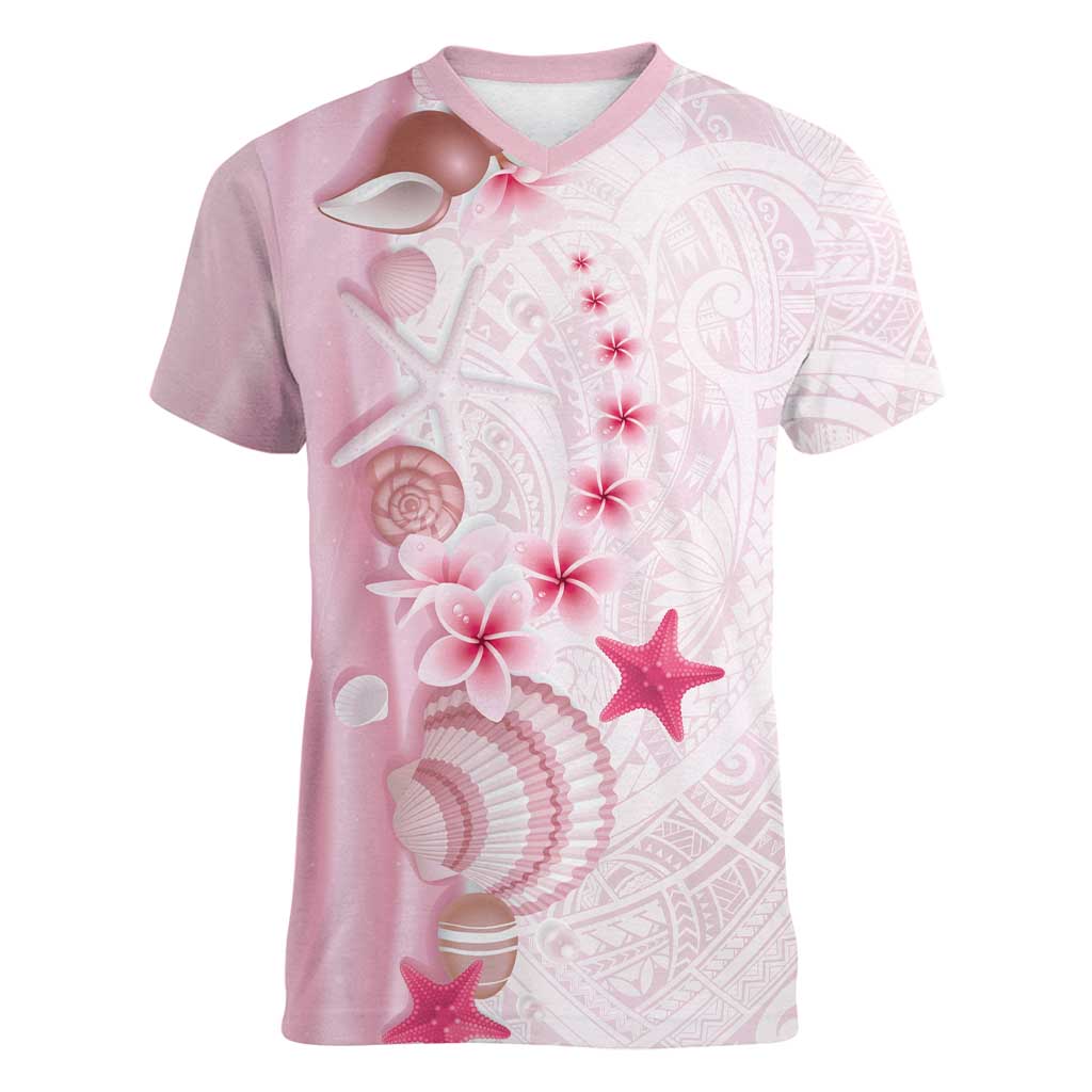 Pink Plumeria Sea Shell Women V-Neck T-Shirt Starfish Polynesian Pattern - Polynesian Pride