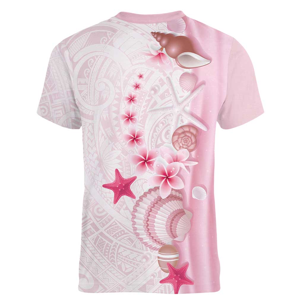 Pink Plumeria Sea Shell Women V-Neck T-Shirt Starfish Polynesian Pattern - Polynesian Pride