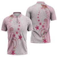 Pink Plumeria Sea Shell Zipper Polo Shirt Starfish Polynesian Pattern - Polynesian Pride