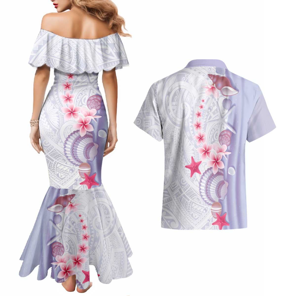 Purple Plumeria Sea Shell Couples Matching Mermaid Dress and Hawaiian Shirt Starfish Polynesian Pattern - Polynesian Pride